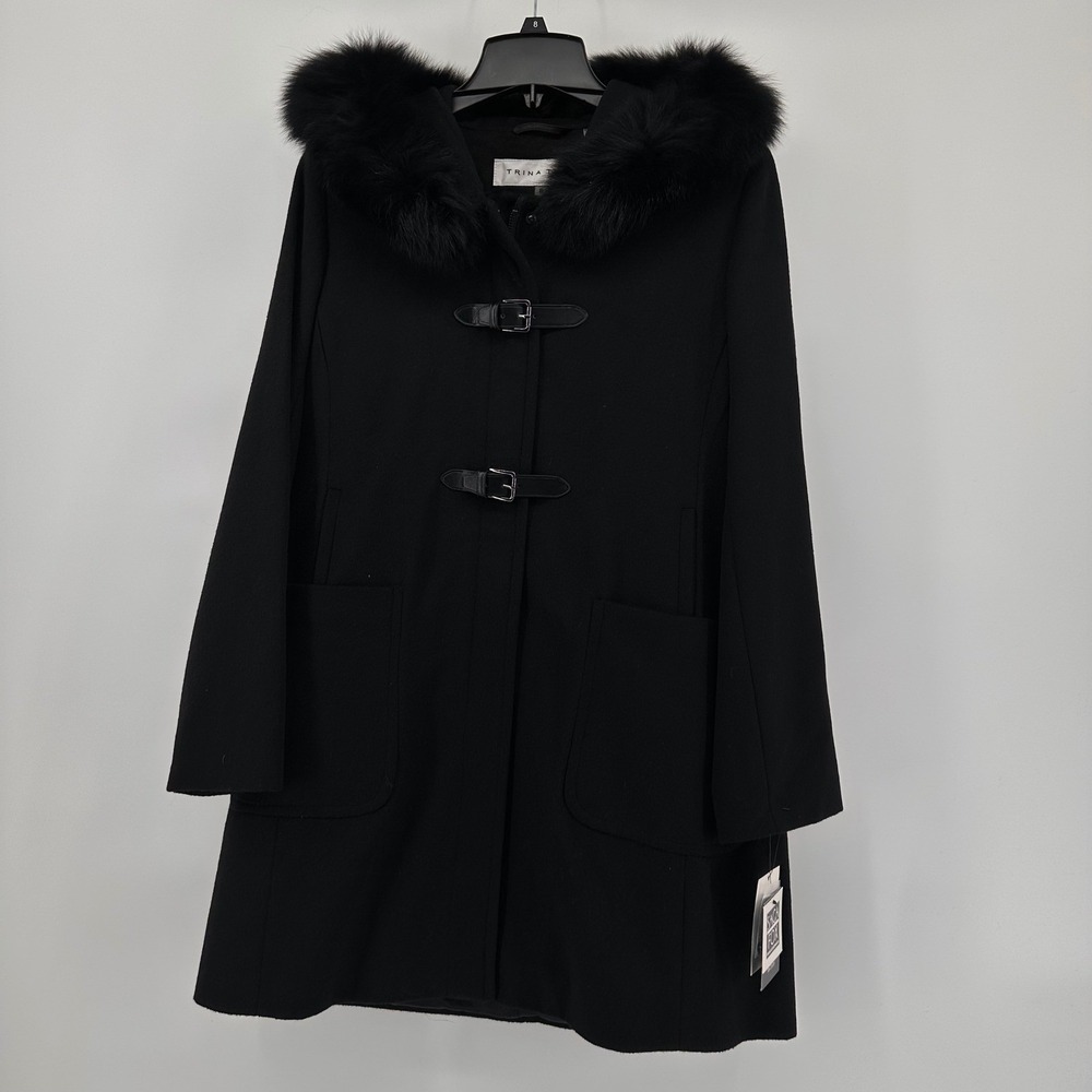 Trina Turk Black Fox‎ Fur Hood Toggle Coat Size 6 New
